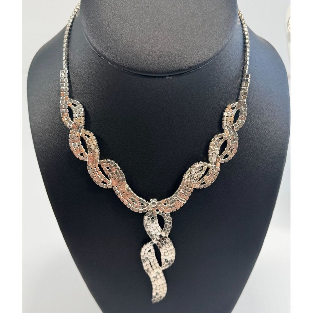 Vintage Bright Shiny Black Clear Rhinestone Twist Statement Choker Bib Necklace - Picture 7 of 7